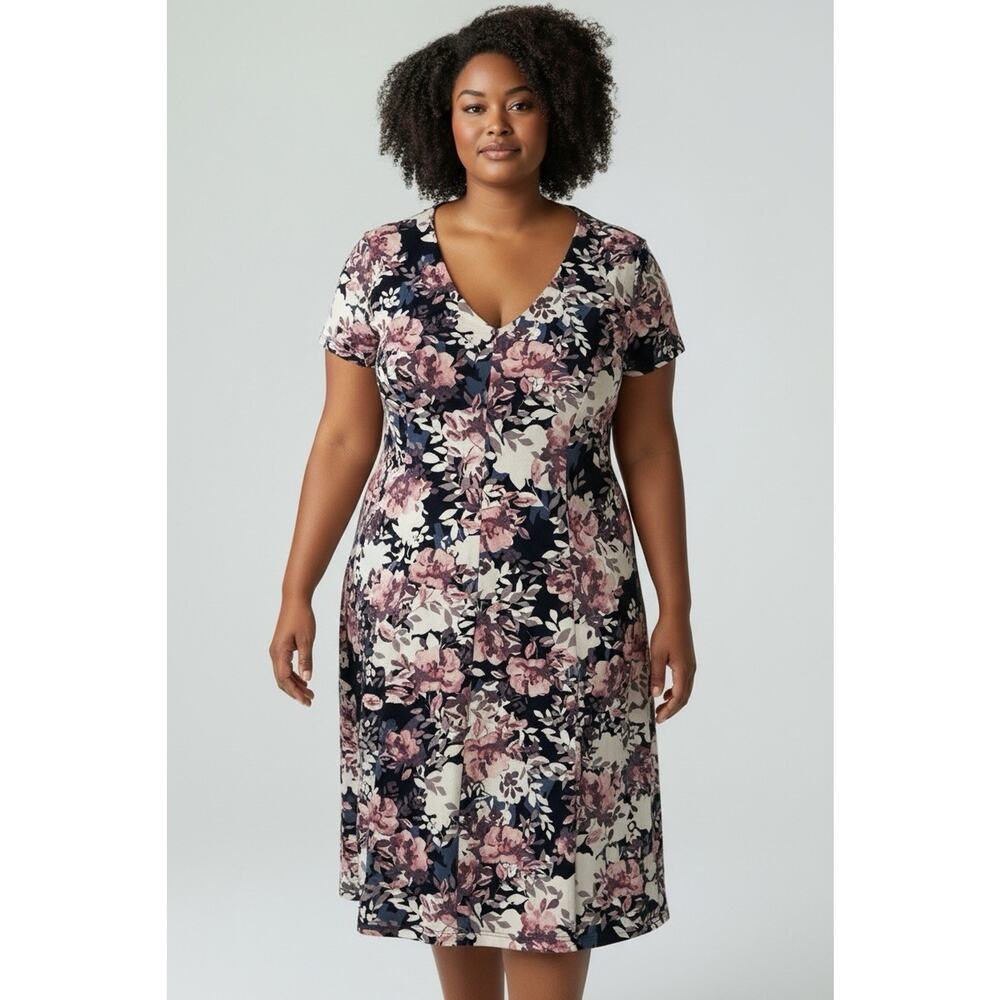 Connected Apparel Blue White Floral Midi Dress Sz 16‎ Fit & Flare Summer Party